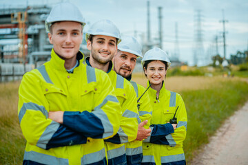 Team of workers in safety gear posing outdoors near an industrial site during golden hour