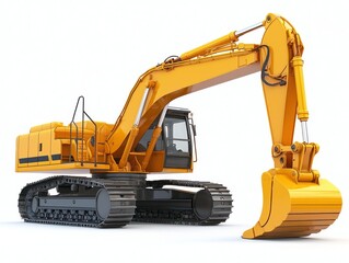 Yellow excavator with extended arm on white background, ready for digging