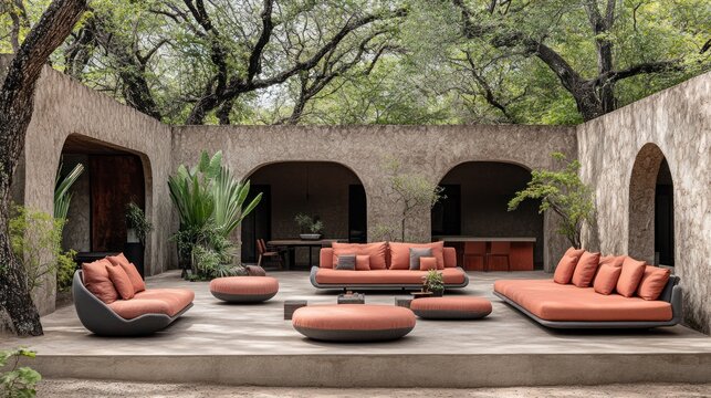 Modern outdoor patio furniture set in a tranquil courtyard garden.