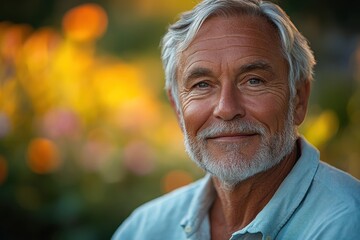 Elderly man smiling amidst vibrant garden backdrop