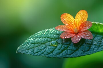 Close-up of vibrant orange flower on green leaf with dew