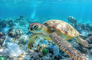Fototapeta premium Underwater Scene of Sea Turtle Swimming through Plastic Waste in Ocean Environment Showing Marine Pollution and Impact on Wildlife Conservation Efforts
