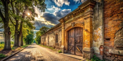 Fototapeta premium Sunlit Pathway Leading to an Aged Brick Structure with a Large Wooden Gate