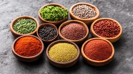 Variety of spices arranged in wooden bowls on a rustic wooden table background