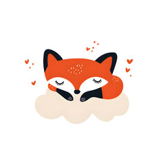Fototapeta premium Cute little fox sleeping on cloud children flat illustration, isolated on a white background