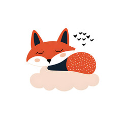 Obraz premium Cute little fox sleeping on cloud children flat illustration, isolated on a white background