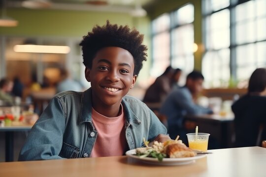 Portrait of a happy african american student enjoying a healthy lunch in a brightly lit school cafeteria - Powered by Adobe