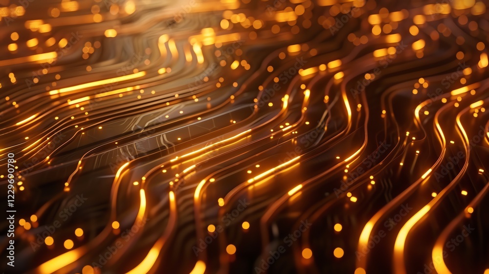 Wall mural golden flowing lines of light. abstract background. 3d rendering.