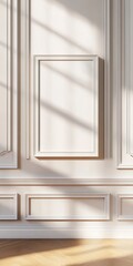 Fototapeta premium Sunlight casts soft shadows on a classic interior wall with elegant molding, creating a serene and minimalist atmosphere.