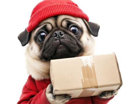 Isolated Delivery Pug with Red Hat and Box