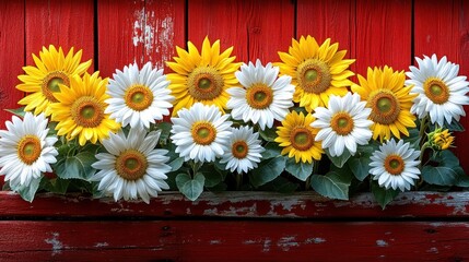 Obraz premium Sunflowers and daisies in a rustic red wooden planter.