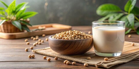 Fototapeta premium A wooden bowl filled with soybeans sits next to a glass of creamy soy milk on a rustic wooden table, surrounded by scattered beans and lush green foliage.