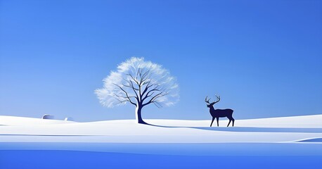 Abstract minimalist winter scene with a single, sharp silhouette of a deer and of a snow-covered tree on a vast, white canvas, AI generated
