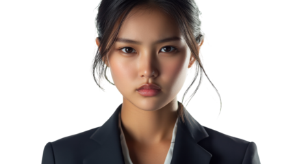 Portrait of a confident young woman in a tailored suit against a plain background