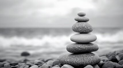 Fototapeta premium Zen Stones Stacked on the Shore: A Moment of Tranquil Balance