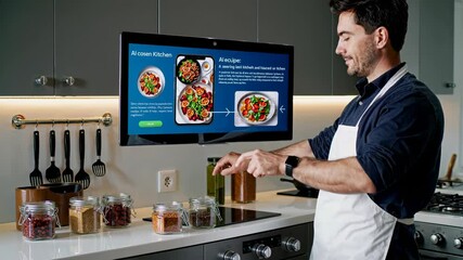 Man interacts with futuristic kitchen technology while preparing a meal with AI assistance