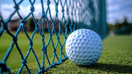 Golf ball resting against a net at a driving range.