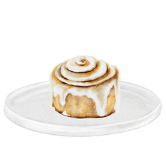 Cinnabon, cinnamon watercolor. Hand drawn cinnamon bun with cream cheese on a plate. Classic American sweet. Clip art isolated on white background. For coffee shop menu, pastry shop and sweet pastry