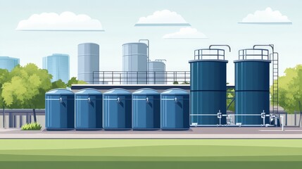 Industrial rainwater harvesting tank system, cleanly illustrated, ideal for eco-friendly engineering presentations.