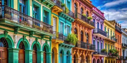 Fototapeta premium Vibrant colorful walls with intricate ironwork balconies overlooking a lively Cuban street , balcony, casa particular