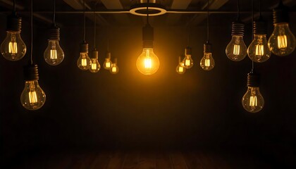 Glowing Lightbulb Among Dimmed Bulbs: Creative Thinking & Problem Solving Concept in 3D Rendering