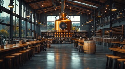Modern distillery interior with copper still, tasting bar, and oak barrels.