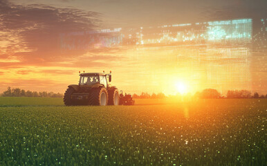 Fototapeta premium Smart Farming Tractor with Digital Technology Overlay - Precision Agriculture Innovation