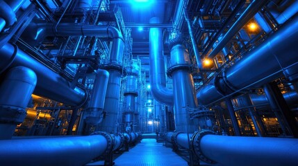 Fototapeta premium A glowing blue industrial environment with AI-driven factory automation and futuristic workflow integration.