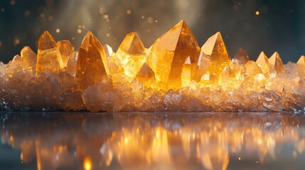 A glowing crystal cluster, with natural light streaming through and creating beautiful, shimmering reflections on the surface below.