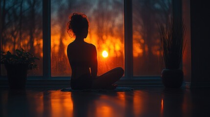 Silhouetted woman meditates, facing sunset through large window.