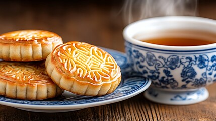 Golden Mooncakes and Steaming Tea on Rustic Wood