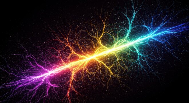Layered digital composition of a neural network with colorful nodes and flowing connections in a dynamic layout