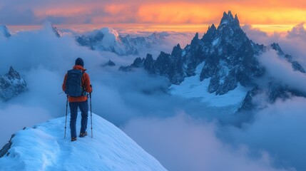 Hiker on snowy mountain peak overlooking a sea of clouds at sunset.