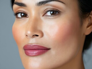 Fototapeta premium A close up of a woman's face with a neutral makeup look