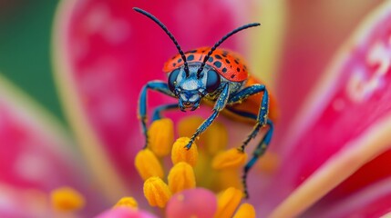 Naklejka premium Vibrant Beetle on a Colorful Flower - Close-up Macro Photography