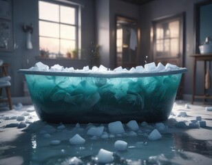Bathtub submerged in icy cold water and filled with ice cubes, submerged, wet