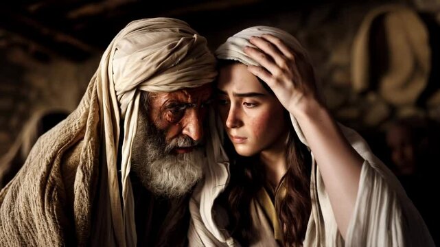 An old man, father, prophet, gives instructions to a young woman, daughter. Comforts in sorrow. Biblical ancient times, peoples of the Middle East. Joseph and Mary, Esther and Mordecai.