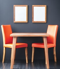 Modern Minimalist Dining Set Orange Chairs, Wooden Table, and Dark Gray Wall