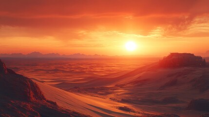 Vibrant sunset over a vast, orange desert landscape with rolling dunes and distant mountains.
