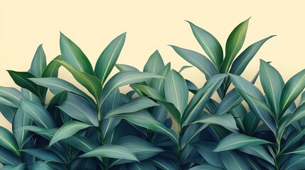 Fototapeta premium Lush teal tropical foliage against a pale yellow background.