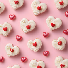 White cream heart-shaped cake on a pink background, Valentine's Day concept