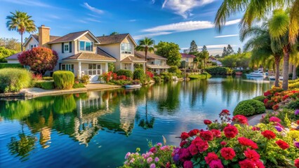 Fototapeta premium Sunny afternoons by a serene lake with lush greenery and vibrant flowers surrounding a charming Eastlake Chula Vista neighborhood home facade, california, landscaping