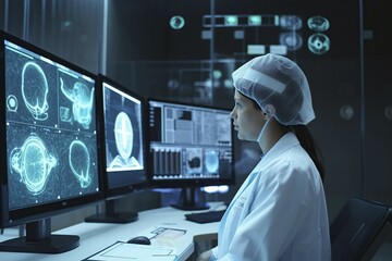 A doctor in a hospital evaluating AI-assisted medical diagnoses on large screens, AI generated