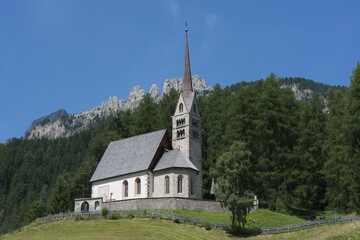 Pilgrimage church of Santa Giuliana, 1452, oldest church in Vassatal, Vigo di Fassa, Dolomites, Trentino, Province of South Tyrol, Alto Adige, Italy, Europe