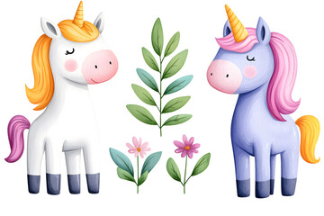 Naklejka premium Cute cartoon unicorn with mane and horn illustration isolated on white background