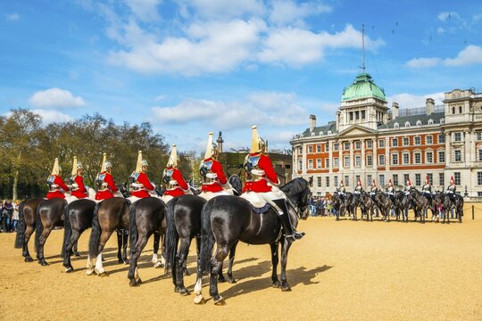 Royal Guards in red uniform on horses, The Lifeguards, The Blues and Royals, Household Cavalry Mounted Regiment, parade ground Horse Guards Parade, Changing of the Guard, Old Admiralty Building, Whitehall, Westminster, London, United Kingdom, Europe
