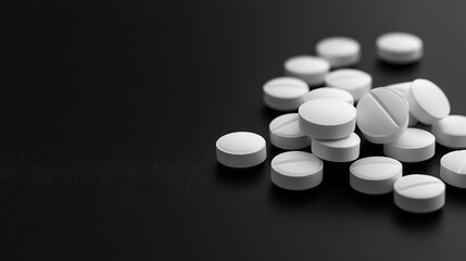 A pile of white pills on a black surface