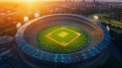 Melbourne Cricket Ground, Illuminated Outline In Digital Network Style, Cityscape At Sunset