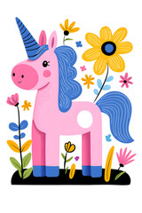 Obraz premium Cute cartoon unicorn with mane and horn illustration isolated on white background