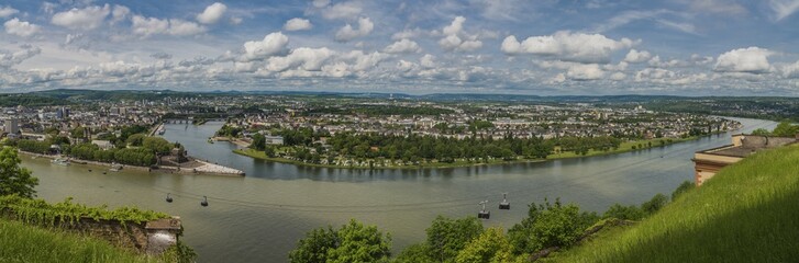 Fototapeta premium Deutsches Eck, the confluence of the Rhine and Moselle, View of Ehrenbreitstein Fortress, Koblenz, Rhineland-Palatinate, Germany, Europe